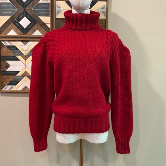 Vintage Ralph Lauren Hand Knit Wool Puff Sleeve Turtleneck Sweater Red Large - Picture 1 of 11
